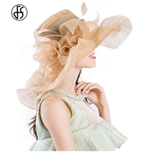 Fs festa de casamento boné flor cetim redemoinho festa plissado derby balde floppy organza chapéu verão aba larga chapeu feminino 2024 - compre barato