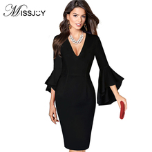 Женское вечернее платье-карандаш MISSJOY, офисное облегающее платье с расклешенным рукавом, глубоким v-образным вырезом и высокой талией, 2019 2024 - купить недорого