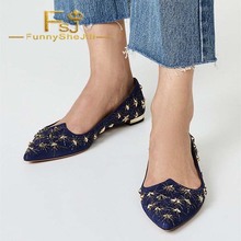 Navy Stars Studed Pointy Toe Comfortable Flats Summer Autumn Incomparable Anniversary Attractive Generous Black Friday FSJ Sexy 2024 - buy cheap