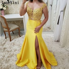 JaneVini-vestido De Fiesta largo De satén, prenda Sexy De sirena, amarillo, cuello De pico, apliques, cuentas, abertura lateral, talla grande 2024 - compra barato