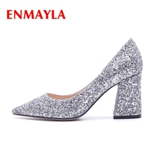 ENMAYLA-Zapatos de punta estrecha con lentejuelas para Mujer, calzado de novia con tacón cuadrado, sin cordones, Size34-39 ZYL2032 2024 - compra barato