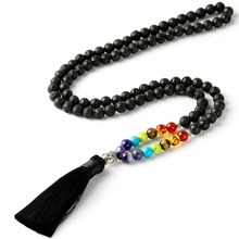 Buddha Yoga Necklace Black Rock Lava Beaded Jewelry Black Tassel Charm Necklaces Women Men 7 Charka Jewelry for Unisex Gift 2024 - buy cheap