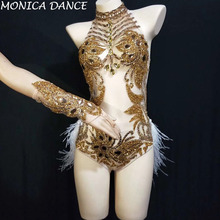 Women Sexy Gold Rhinestones Halter See Through Mesh Bodysuit Feather Tail Outfit Birthday Celebrate Nightclub Singer Bodysuit 2024 - buy cheap