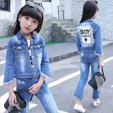 Children's denim set girl letter net yarn fashion leisure suit spring and autumn long-sleeved 2-piece set 2024 - buy cheap