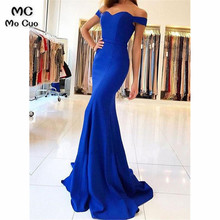 Royer Blue Mermaid Off Shoulder Prom Dresses with Short Sleeves Sweep Train Elastic Satin Evening Gown Prom Dress for women 2024 - buy cheap
