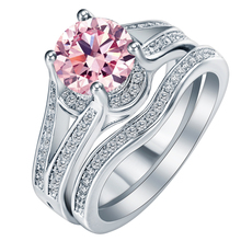 Conjunto de anéis de casamento feminino-joias faixas para mulheres-2 peças-rosa azul roxo cristal prata cor cz 2024 - compre barato