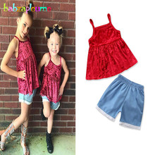 2 peça/Meninas Roupas de Verão Crianças Roupas de Bebê Vermelho Encabeça Bonito Sem Mangas T-shirt + Shorts Jeans conjuntos de Roupas crianças BC1771 2024 - compre barato