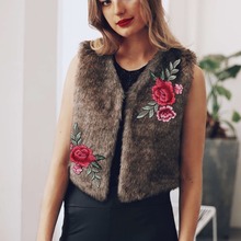 Winter Gray Embroidery Fur Vest, Flowers Faux Fur Coat, Women Warm Sleeveless Jacket, Ladies Sheath Elegant Vest Outwear 2024 - buy cheap