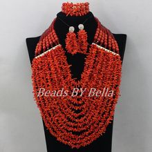 Chunky em camadas contas de casamento africano vermelho nigeriano coral contas colar conjunto jóias indiano nupcial frete grátis abf210 2024 - compre barato