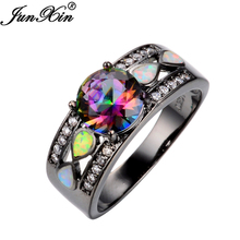 JUNXIN Fashion Jewelry Women Wedding Rainbow Opal Rings Colorful CZ 10KT Black Gold Filled Engagement Ring RB0264 2024 - buy cheap