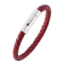 Vintage Women Jewelry Men Red Leather Braided Bracelet Unisex Stainless Steel Snap Bracelets Bangles for Woman Man Gifts SP0030 2024 - buy cheap