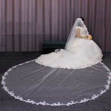 Elegante laço apliques longo véu de casamento 4 metros uma camada branco marfim tule véu nupcial weil veu noiva 2024 - compre barato