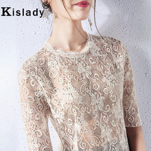 Kislady 2020 New Spring Summer Fashion Sexy Lace Blouses Apricot Round Neck Half Sleeve shirts Transparent Hollow Out Mesh Tops 2024 - buy cheap