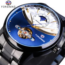 Forsining relógio mecânico para homens, relógio automático com pulseira de aço azul, lua, modelo preto, à prova d'água 2024 - compre barato