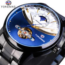 Forsining-Reloj Automático para hombre, cronógrafo mecánico de Tourbillon, fase lunar azul, correa de acero negro, resistente al agua 2024 - compra barato