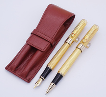 Jinhao 1200 Series Golden Fountain Pen & Roller Pen with Real Leather Pencil Case Bag Washed Cowhide Pen Case Holder Writing Set 2024 - buy cheap