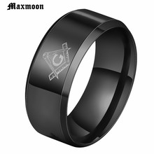 Maxmoon Hot 8mm Brushed Gold-Color Masonic Stainless Steel Titanium Band Men Ring Cool Black Freemason Male Rings 2024 - buy cheap