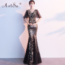 ArtSu Vintage Black Mesh Gold Sequin Beading Floor-Length Maxi Mermaid Dress Prom Gown Women Long Banquet Party Dresses 2019 2024 - buy cheap