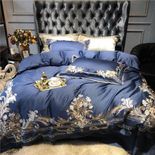 Jogo de cama de palácio bordado real de algodão egípcio luxo 1000tc conjunto azul champanhe capa de edredom lençol/fronhas de linho 2024 - compre barato