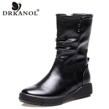 DRKANOL Fashion PU Leather Flat Boots Women Shoes Mid Calf Warm Snow Boots Autumn Winter Short Plush Flat Ladies Boots H6093 2024 - buy cheap