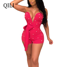 QILI Women Sexy Deep V-neck Strapless Rompers Beading Bow Short Style Romper 2019 SummerPlaysuits 2024 - buy cheap