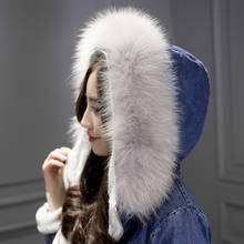 Real Fox Fur Hooded Denim Coats Warm Thick Coats Winter Fur Lining New Fashion Long Sleeved Free Shipping Women Slim Fit 2024 - buy cheap