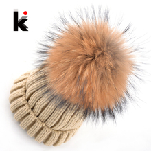 2015 gorros e toucas feminina de inverno inverno Skullies moda chapeu malha gorros chapéu de lã cap  big natural Raccoon Fur chapéus touca feminina 2024 - compre barato