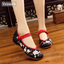 Veowalk Peach Flower Embroidered Women Canvas Ballet Flats Vintage Comfortable Chinese Style Ladies Casual Fabric Flat Shoes 2024 - buy cheap