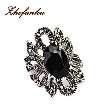 Винтажные богемные кольца для женщин, ретро тотемный цветок с черным камнем серебряного цвета, модные ювелирные изделия 2024 - купить недорого