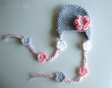 free shipping,100% Cotton Baby Girl Crochet Hat with Earflaps and Flowers - GRAY and pink girls Gift, Children's earflaps hat 2024 - buy cheap