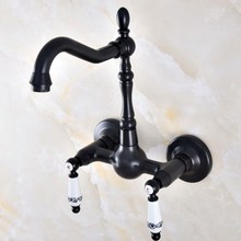 Grifo de fregadero de cocina y baño montado en la pared, mezclador giratorio de bronce, con doble asas de cerámica, color negro, frotado con aceite, anf865 2024 - compra barato