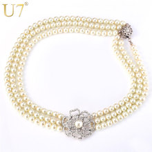 U7 Simulated Pearl Choker Necklace Trendy Rhinestone Flower Women's Fashion Jewelry 50 cm Necklaces N371 2024 - buy cheap