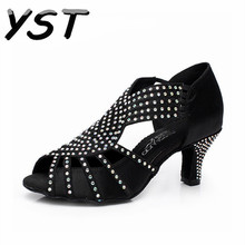 Mulher do Salão de Baile Latin Sapatos de Dança Preto Rhinestone Lady Adulto Salsa Sapatos Prática 6 CM 7 cm calcanhar Sapatos de Festa 2024 - compre barato