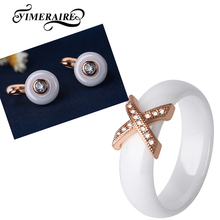 Cute Women Jewelry Set Round Ceramic Crystal Stud Earrings 585 Rose Gold X Letter Ceramic Ring Black White Color Fashion Jewelry 2024 - buy cheap
