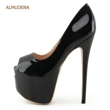 ALMUDENA-zapatos de tacón Ultra alto de charol, calzado de boda, plataforma, stilettos, Punta abierta, color negro 2024 - compra barato