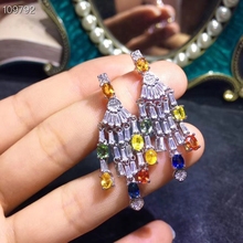 natural Multicolor sapphire drop earrings S925 silver Natural gemstone earring Luxurious big Tassels women party gift jewelry 2024 - buy cheap