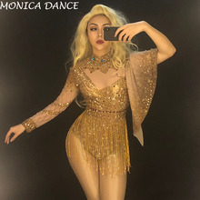 Women Sexy Stage Net Yarn Bodysuit Gold Sparkling Crystals Tassel Nightclub Birthday Party Stage Wear Singer Dance Bodysuit 2024 - buy cheap