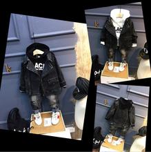 Conjunto de roupas infantis jaqueta jeans + capuz + jeans 3 pçs, outono inverno, roupas para meninos de 2-6 anos, frete grátis 2024 - compre barato
