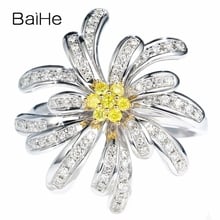 Baihe anel de diamantes cor sólida 14k ouro branco 0.36ct + 0.13ct de diamantes brancos naturais + diamantes amarelos joias finas da moda para mulheres anel de flores delicadas 2024 - compre barato