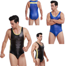 2016 High Quality Mens Faux Leather Latex Teddy Bodysuit PU Stretchable Leotard Swimwear Catsuit Exotic Gay Male Slips Lingerie 2024 - buy cheap