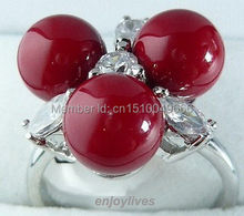 FREE SHIPPING >>>Red Coral 3 Beads Crystal White  Ring Size: 7.8.9 2024 - buy cheap