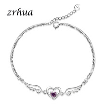 ZRHUA Charming 925 Sterling Silver Bracelet for Women Shiny Zircon Crystal Sweet Heart Jewelry Female Wing Bangles for Party 2024 - buy cheap