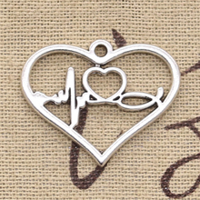 10 Uds. De abalorios de corazón ECG Love, 25x31mm, Color plata antigua, hechos a mano, joyería tibetana de Color plata 2024 - compra barato