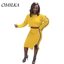 Omilka-conjunto crop top e saia feminino, 2 peças, manga longa, listras laterais, fenda casual, outono-inverno 2024 - compre barato