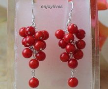 Hot sale Free Shipping>>>>Red Coral Beads Custer Grape White stone Hook Earrings 2024 - buy cheap
