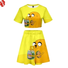 Conjunto de duas peças feminino com estampa 3d adventure time, moda verão, top curto + saia, roupa casual para meninas, 2019 2024 - compre barato