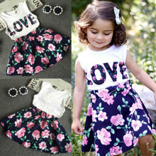 Girls LOVE letters vest + floral skirt 2pcs girl set kids baby summer outfits girls clothes printed t-shirt + skirt dress 2-6T 2024 - buy cheap