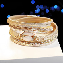 Pulseira de couro feminina de 17km, bracelete de couro de concha dourada e pulseira com múltiplas camadas de envoltório, joia da amizade, moda 2019 2024 - compre barato