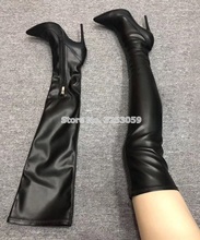 ALMUDENA Elegant Black Elastic Leather Skinny Long Boots Pointed Toe Over-the-knee Zipper Dress Boots Slim Fit Nightclub Shoes 2024 - buy cheap