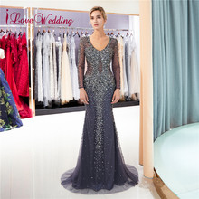 iLoveWedding Long Sleeves Evening Dress Grey Heavy Major Beaded Sheer Back Formal Long Mermaid Evening Gown Real Photo 2024 - buy cheap